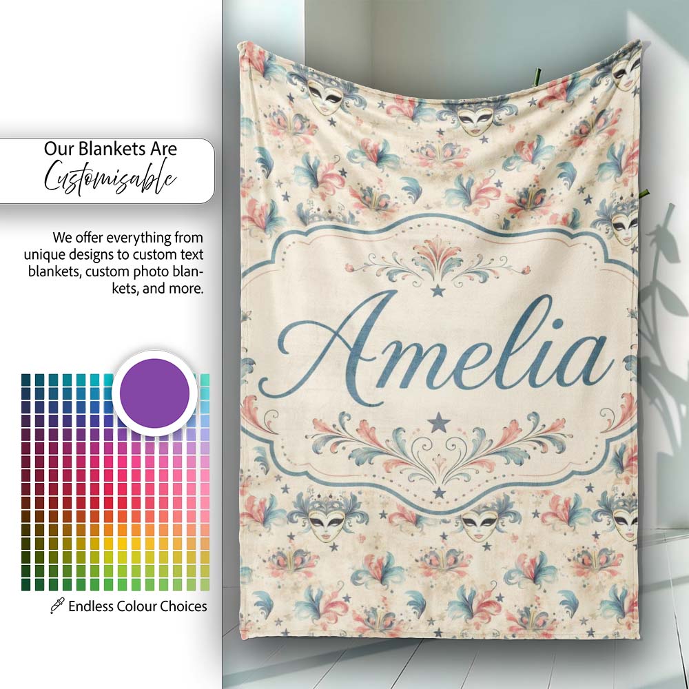 Vintage Venetian Carnival Masks with Soft Feathers and Stars Lovely  Personalised Custom Name Super Soft Fleece Blanket Bed Sofa Throw