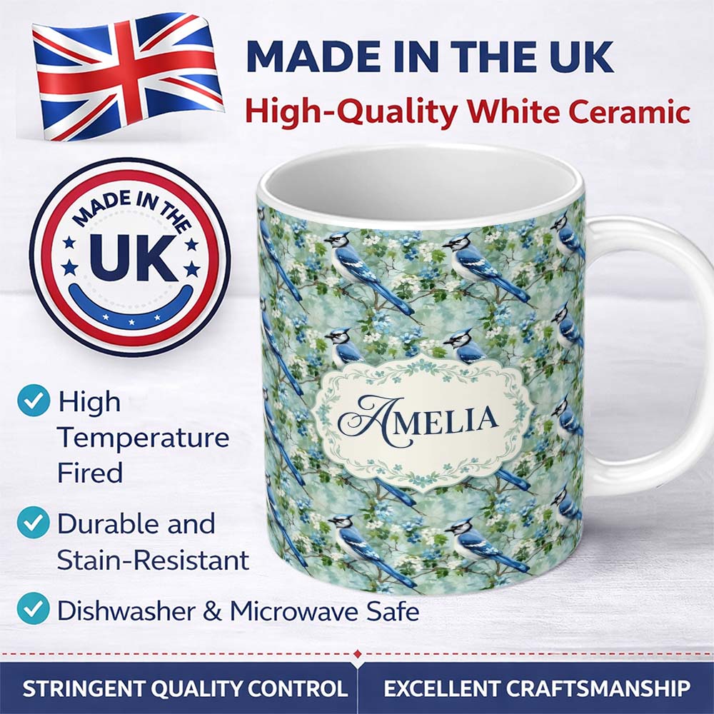 Personalized Custom Name Blue Jay Bird Watercolor Blossom Seamless Pattern Light Spring 11oz Ceramic Coffee Tea Mug White Large Handle
