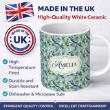 Personalized Custom Name Blue Jay Bird Watercolor Blossom Seamless Pattern Light Spring 11oz Ceramic Coffee Tea Mug White Large Handle