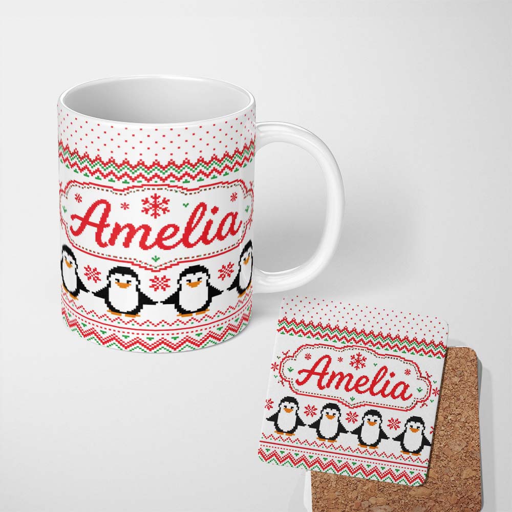 Personalized Custom Name White Red Green Nordic Penguin Snowflake Knit Seamless Pattern 11oz Ceramic Coffee Tea Mug White Large Handle
