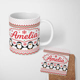 Personalized Custom Name White Red Green Nordic Penguin Snowflake Knit Seamless Pattern 11oz Ceramic Coffee Tea Mug White Large Handle