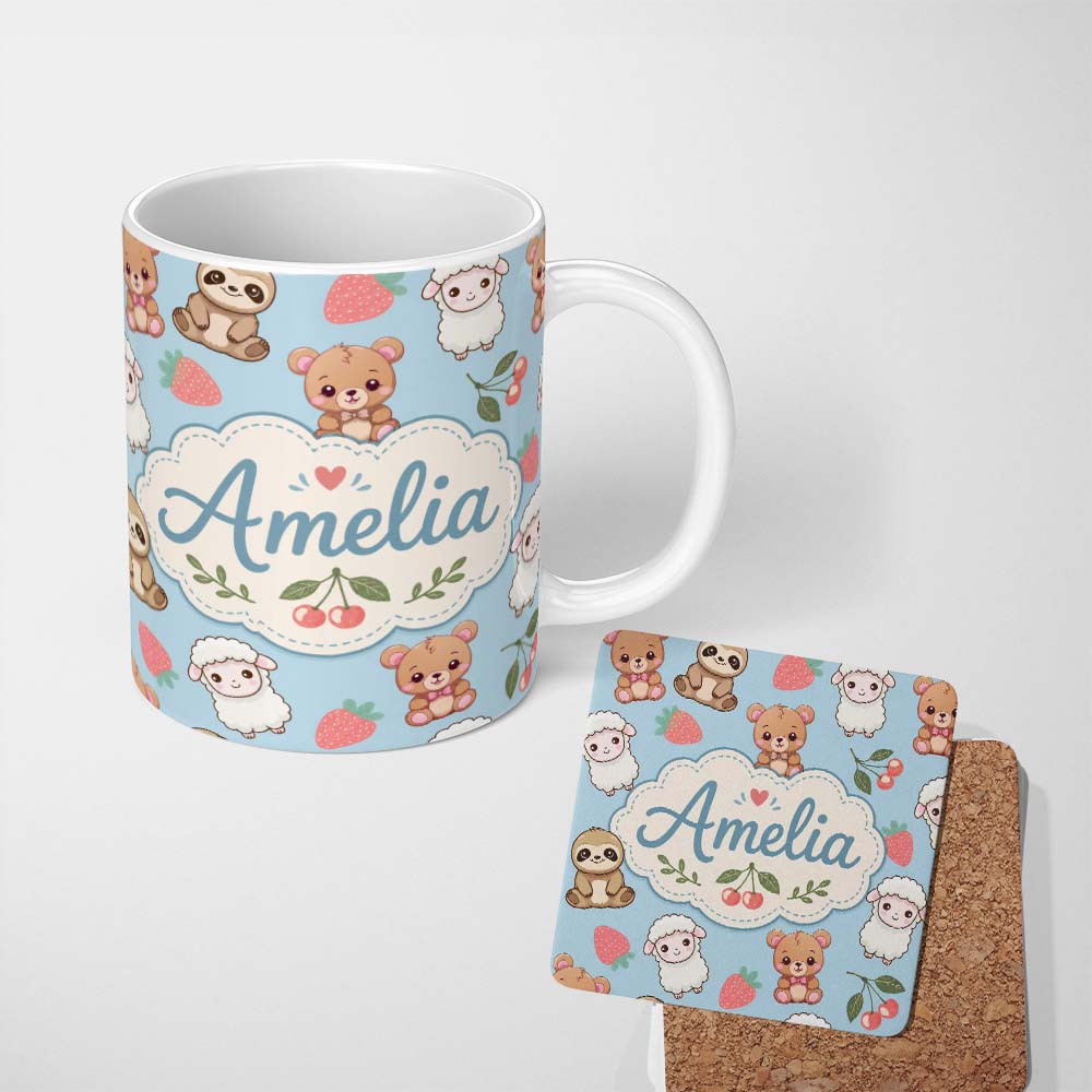 Personalized Custom Name Cute Cute Baby Animals Bear Sheep Sloth Strawberry Cherry Blue 11oz Ceramic Coffee Tea Mug White Large Handle