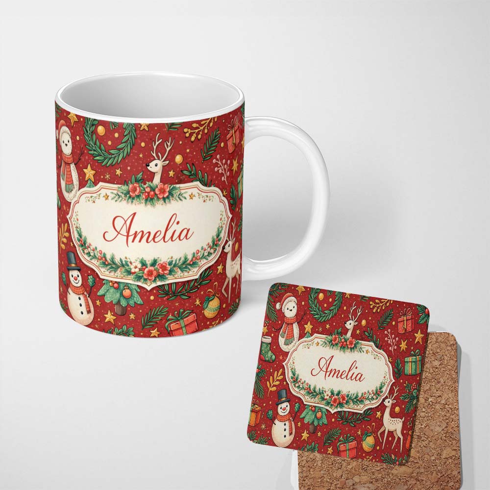 Personalized Custom Name Winter Holiday Snowman Reindeer Wreath Seamless Pattern Lovely 11oz Ceramic Coffee Tea Mug White Large Handle