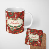 Personalized Custom Name Winter Holiday Snowman Reindeer Wreath Seamless Pattern Lovely 11oz Ceramic Coffee Tea Mug White Large Handle