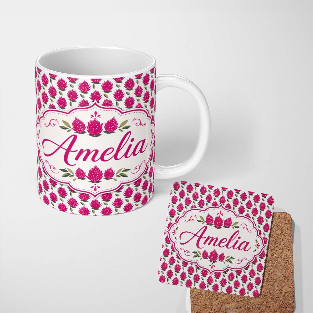 Personalized Custom Name Stylized Dragon Fruit Botanical Seamless Pattern Cute Unique Gift 11oz Ceramic Coffee Tea Mug White Large Handle