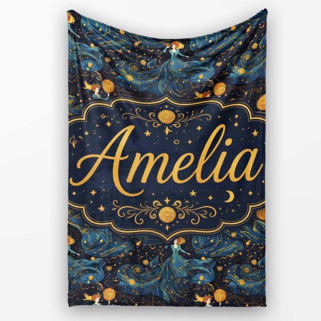 Celestial Goddess in Flowing Blue Dress with Stars and Golden Lovely  Personalised Custom Name Super Soft Fleece Blanket Bed Sofa Throw