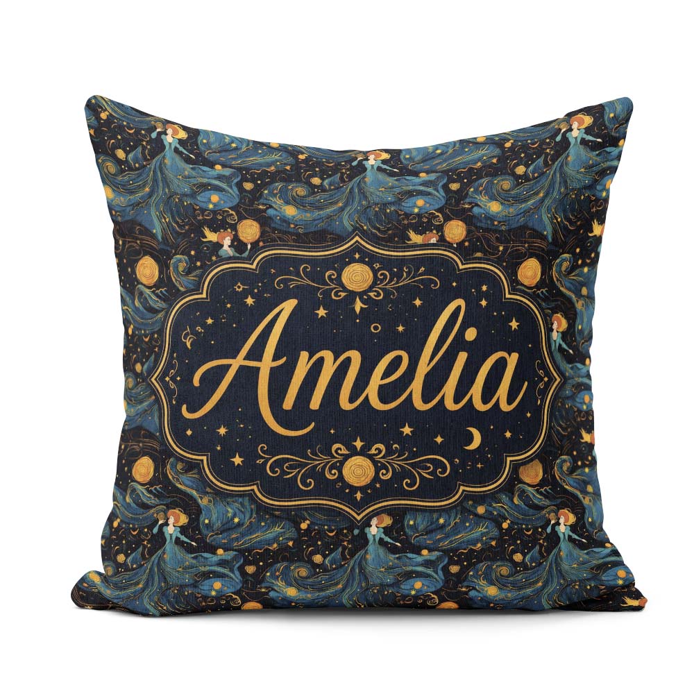 Custom Name Goddess in Flowing Blue Dress with Stars and Golden Square Filled Cushion Throw Pillow Sofa Bed Home Decor Zip Washable UK Made