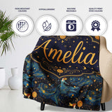 Celestial Goddess in Flowing Blue Dress with Stars and Golden Lovely  Personalised Custom Name Super Soft Fleece Blanket Bed Sofa Throw