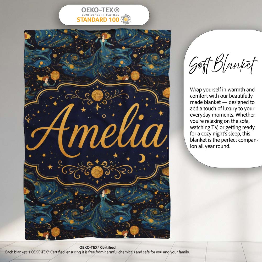 Celestial Goddess in Flowing Blue Dress with Stars and Golden Lovely  Personalised Custom Name Super Soft Fleece Blanket Bed Sofa Throw