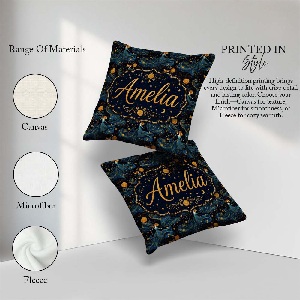 Custom Name Goddess in Flowing Blue Dress with Stars and Golden Square Filled Cushion Throw Pillow Sofa Bed Home Decor Zip Washable UK Made
