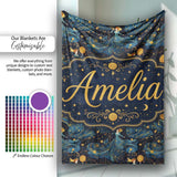 Celestial Goddess in Flowing Blue Dress with Stars and Golden Lovely  Personalised Custom Name Super Soft Fleece Blanket Bed Sofa Throw