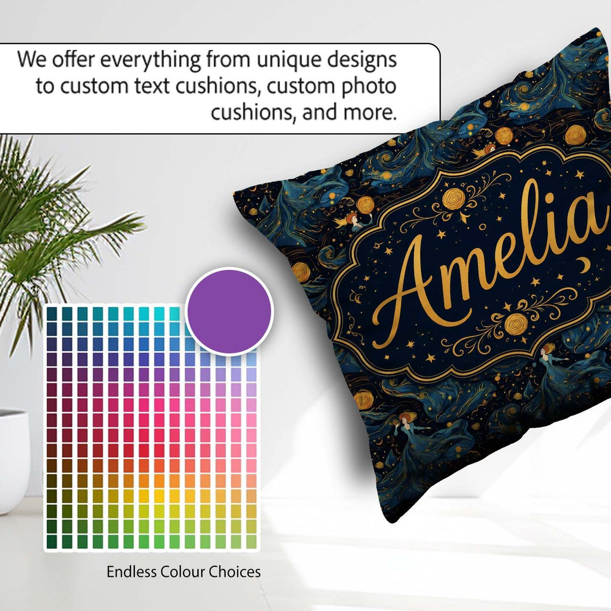 Custom Name Goddess in Flowing Blue Dress with Stars and Golden Square Filled Cushion Throw Pillow Sofa Bed Home Decor Zip Washable UK Made