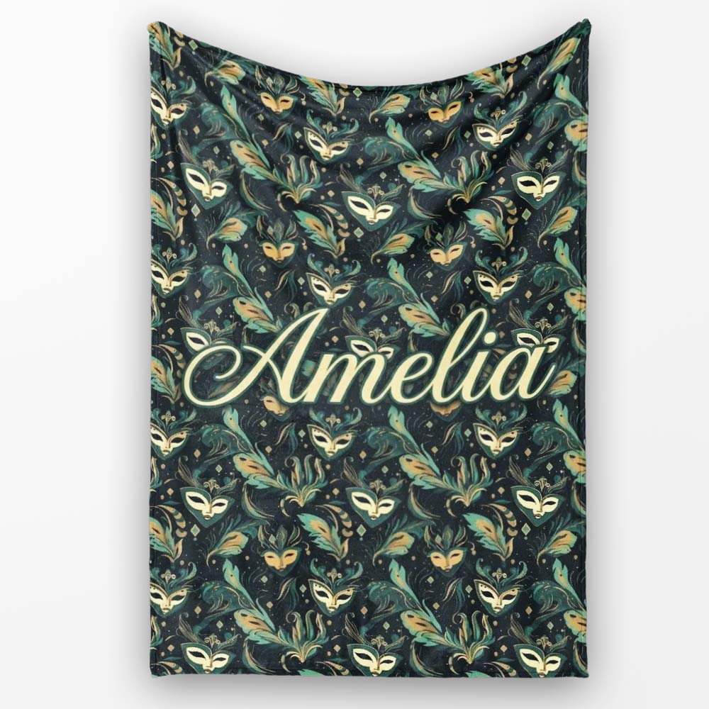 Elegant Teal and Gold Masquerade Masks with Feathers Dark Background  Personalised Custom Name Super Soft Fleece Blanket Bed Sofa Throw