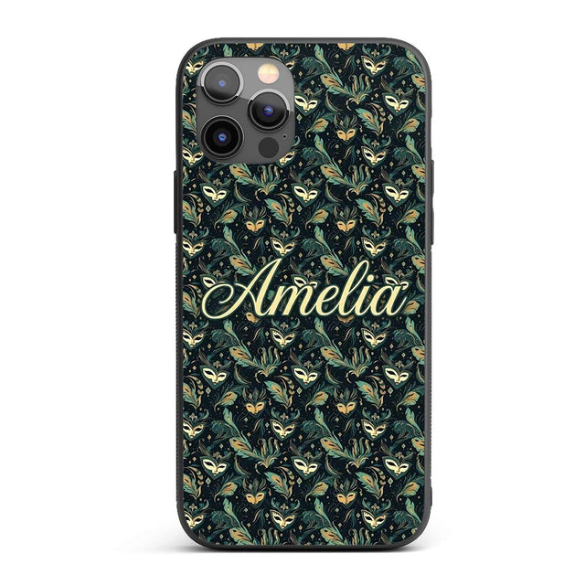 Elegant Teal and Gold Masquerade Printed Design Custom Name Protective Phone Case Mobile Cover Durable Everyday Smartphone Shock Resistant