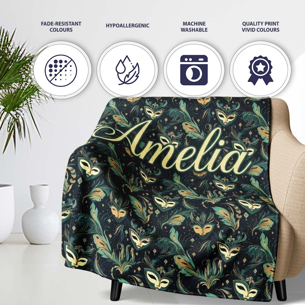 Elegant Teal and Gold Masquerade Masks with Feathers Dark Background  Personalised Custom Name Super Soft Fleece Blanket Bed Sofa Throw