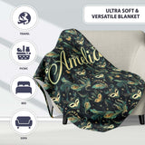 Elegant Teal and Gold Masquerade Masks with Feathers Dark Background  Personalised Custom Name Super Soft Fleece Blanket Bed Sofa Throw