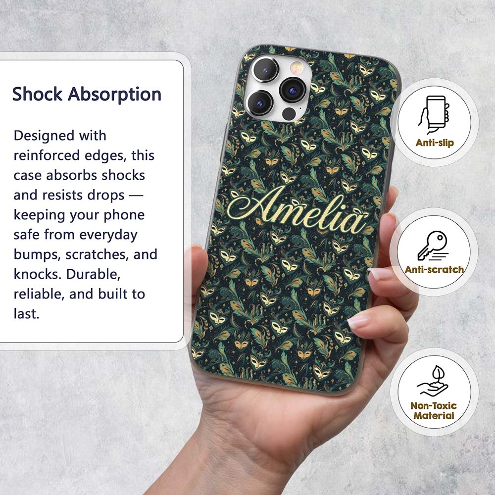 Elegant Teal and Gold Masquerade Printed Design Custom Name Protective Phone Case Mobile Cover Durable Everyday Smartphone Shock Resistant