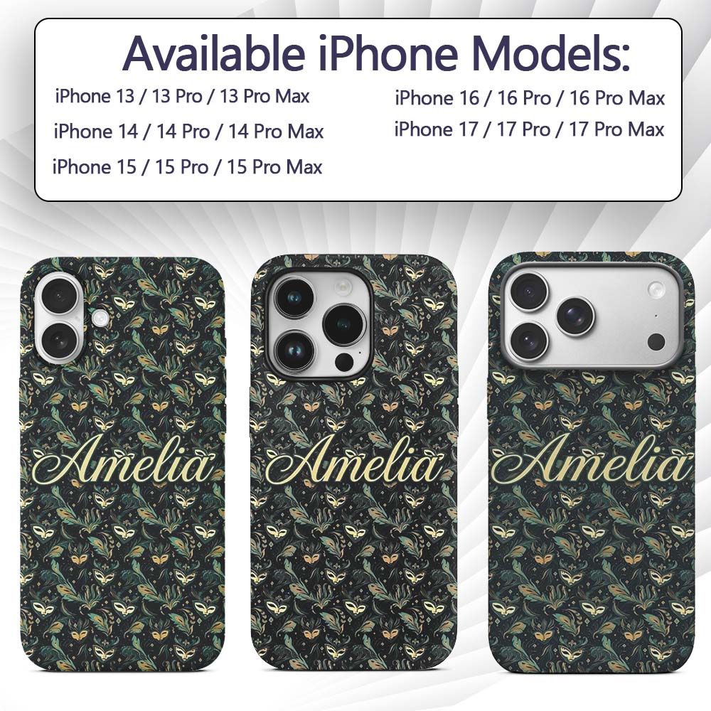 Elegant Teal and Gold Masquerade Printed Design Custom Name Protective Phone Case Mobile Cover Durable Everyday Smartphone Shock Resistant
