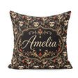 Custom Name Black Gold and Red Venetian Masks with Ornate Swirls Square Filled Cushion Throw Pillow Sofa Bed Home Decor Zip Washable UK Made