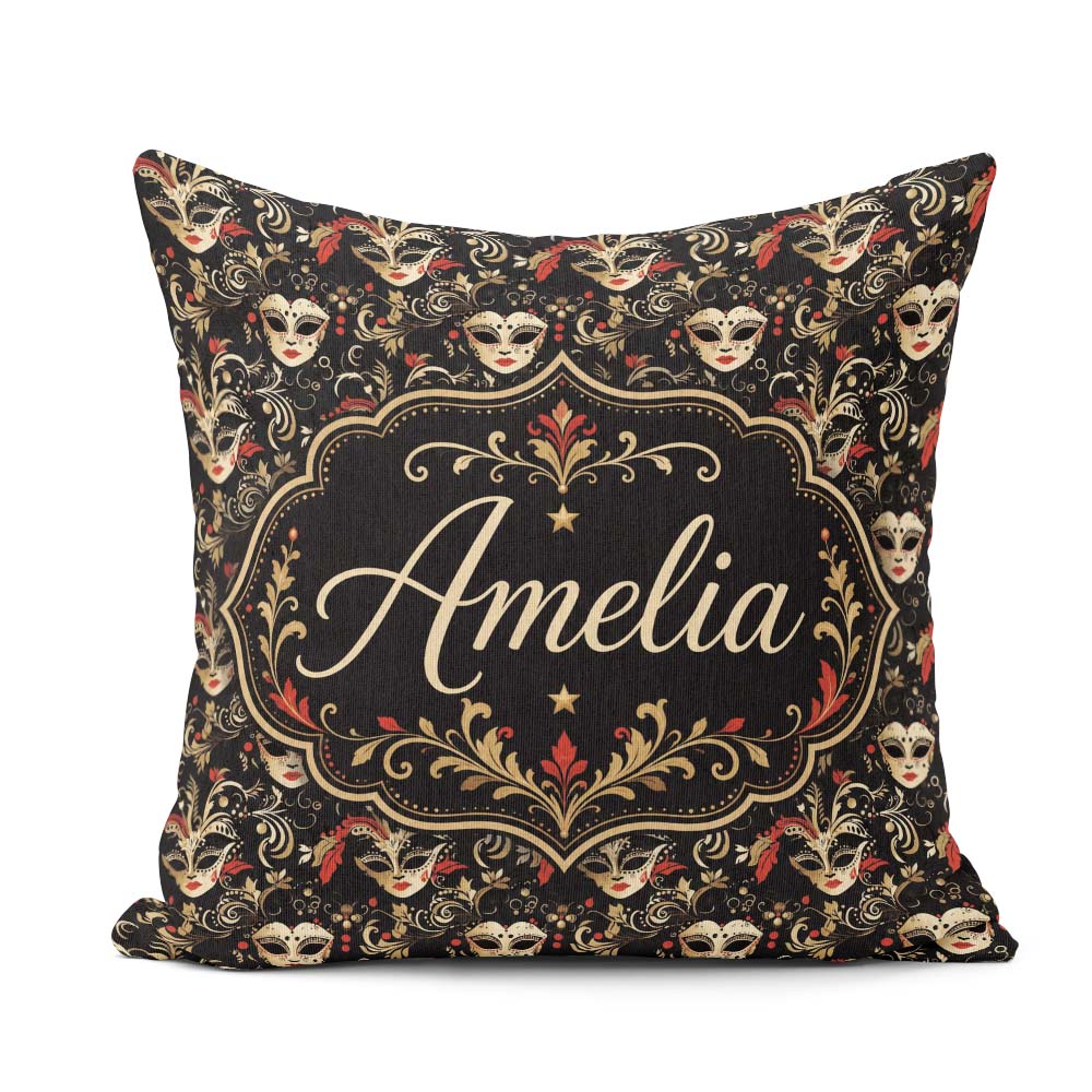 Custom Name Black Gold and Red Venetian Masks with Ornate Swirls Square Filled Cushion Throw Pillow Sofa Bed Home Decor Zip Washable UK Made