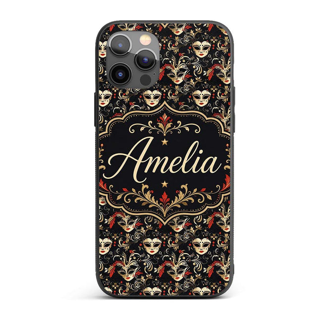 Luxurious Black Gold and Red Venetian Masks with Custom Name Protective Phone Case Mobile Cover Durable Everyday Smartphone Shock Resistant