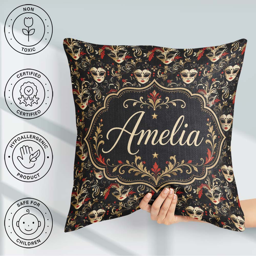Custom Name Black Gold and Red Venetian Masks with Ornate Swirls Square Filled Cushion Throw Pillow Sofa Bed Home Decor Zip Washable UK Made