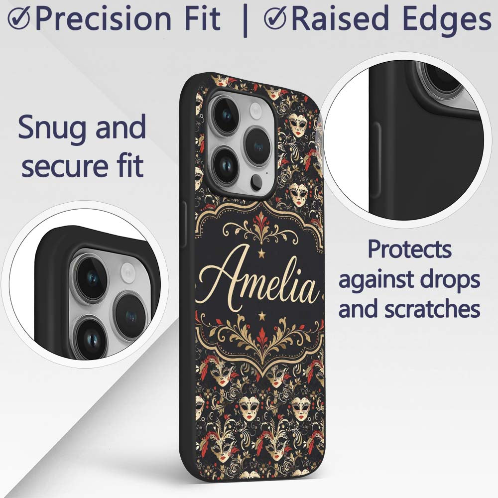 Luxurious Black Gold and Red Venetian Masks with Custom Name Protective Phone Case Mobile Cover Durable Everyday Smartphone Shock Resistant