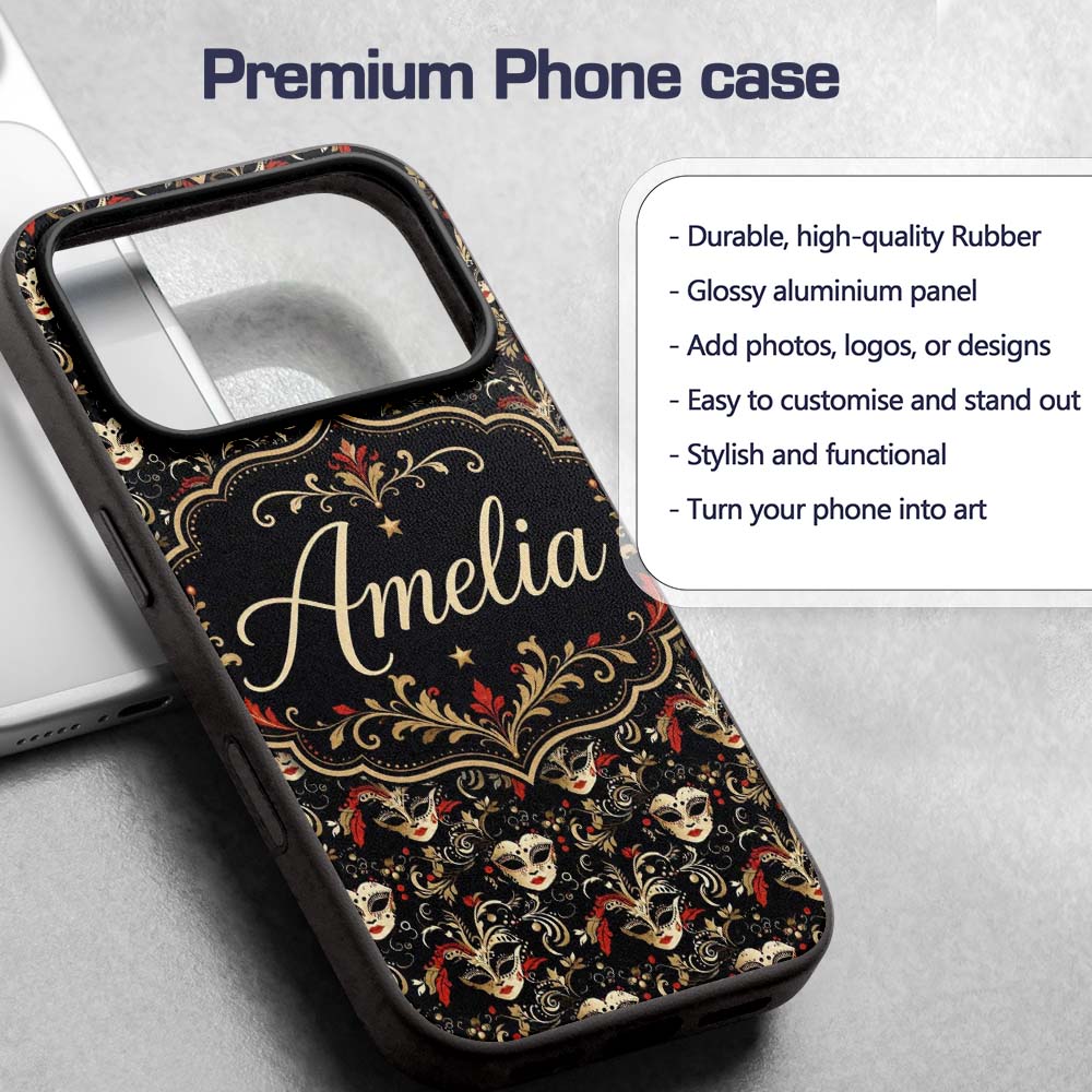 Luxurious Black Gold and Red Venetian Masks with Custom Name Protective Phone Case Mobile Cover Durable Everyday Smartphone Shock Resistant