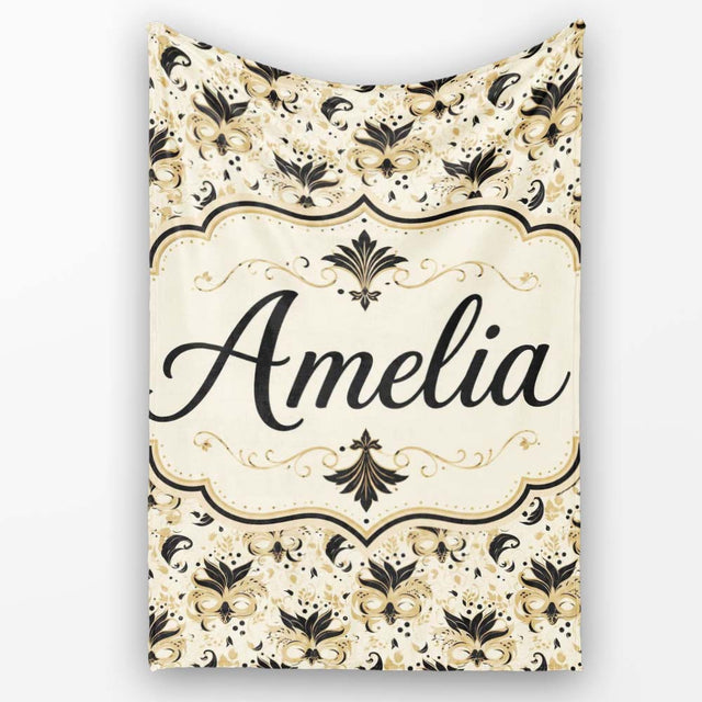 Classic Black and Gold Floral Masquerade Mask Pattern on Cream  Personalised Custom Name Super Soft Fleece Blanket Bed Sofa Throw