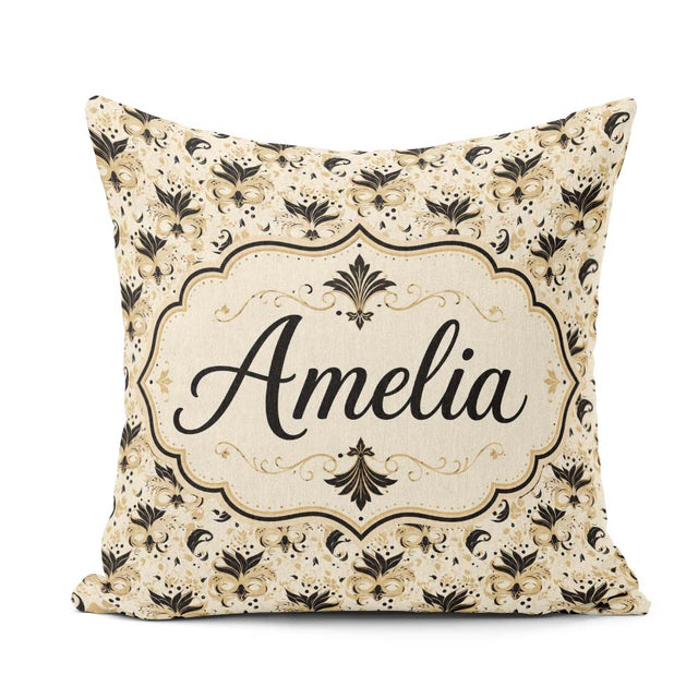 Custom Name Classic Black and Gold Floral Mask Pattern on Cream Square Filled Cushion Throw Pillow Sofa Bed Home Decor Zip Washable UK Made