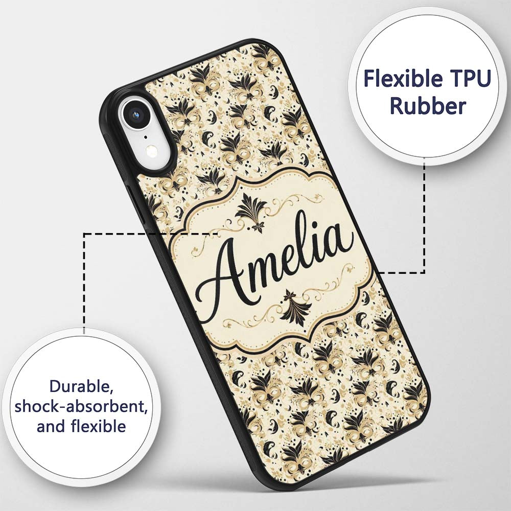Classic Black and Gold Floral Masquerade Mask Custom Name Protective Phone Case Mobile Cover Durable Everyday Smartphone Shock Resistant