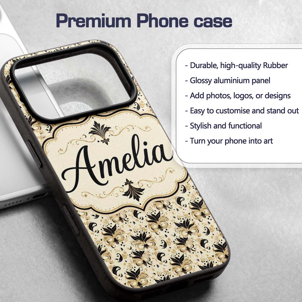 Classic Black and Gold Floral Masquerade Mask Custom Name Protective Phone Case Mobile Cover Durable Everyday Smartphone Shock Resistant