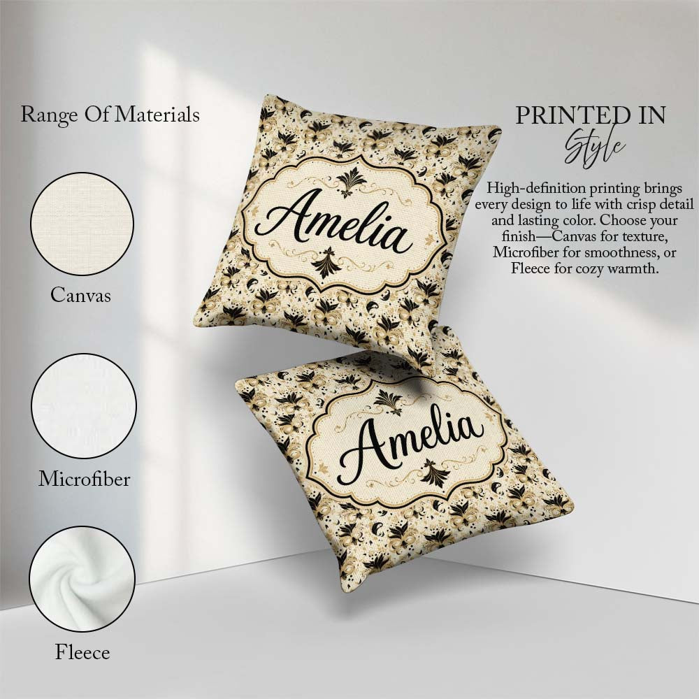 Custom Name Classic Black and Gold Floral Mask Pattern on Cream Square Filled Cushion Throw Pillow Sofa Bed Home Decor Zip Washable UK Made
