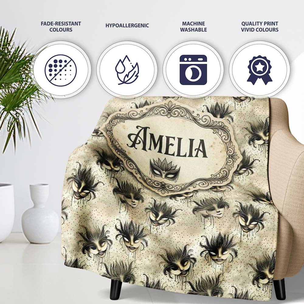 Vintage Sepia Toned Venetian Masks with Artistic Texture Seamless  Personalised Custom Name Super Soft Fleece Blanket Bed Sofa Throw
