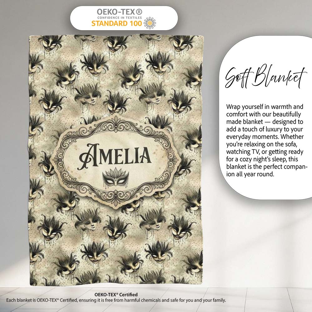 Vintage Sepia Toned Venetian Masks with Artistic Texture Seamless  Personalised Custom Name Super Soft Fleece Blanket Bed Sofa Throw