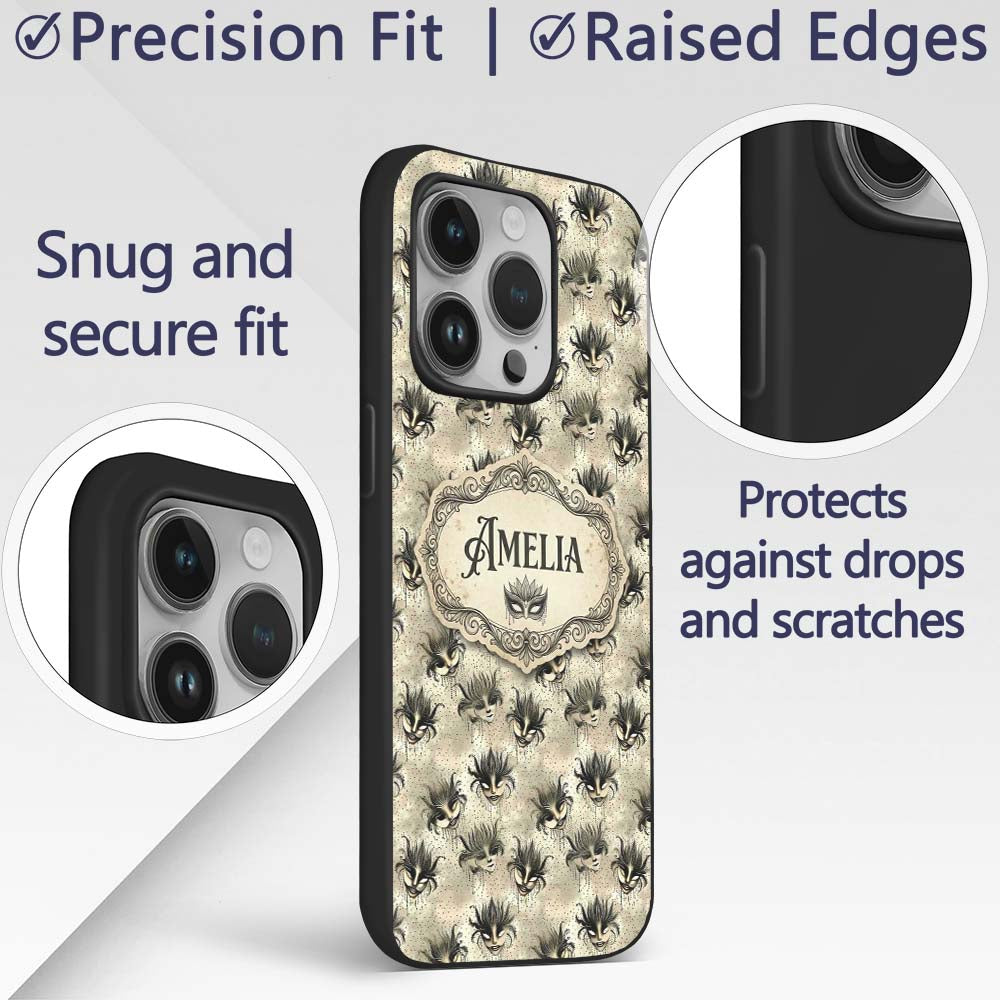 Vintage Sepia Toned Venetian Masks with Artistic Custom Name Protective Phone Case Mobile Cover Durable Everyday Smartphone Shock Resistant