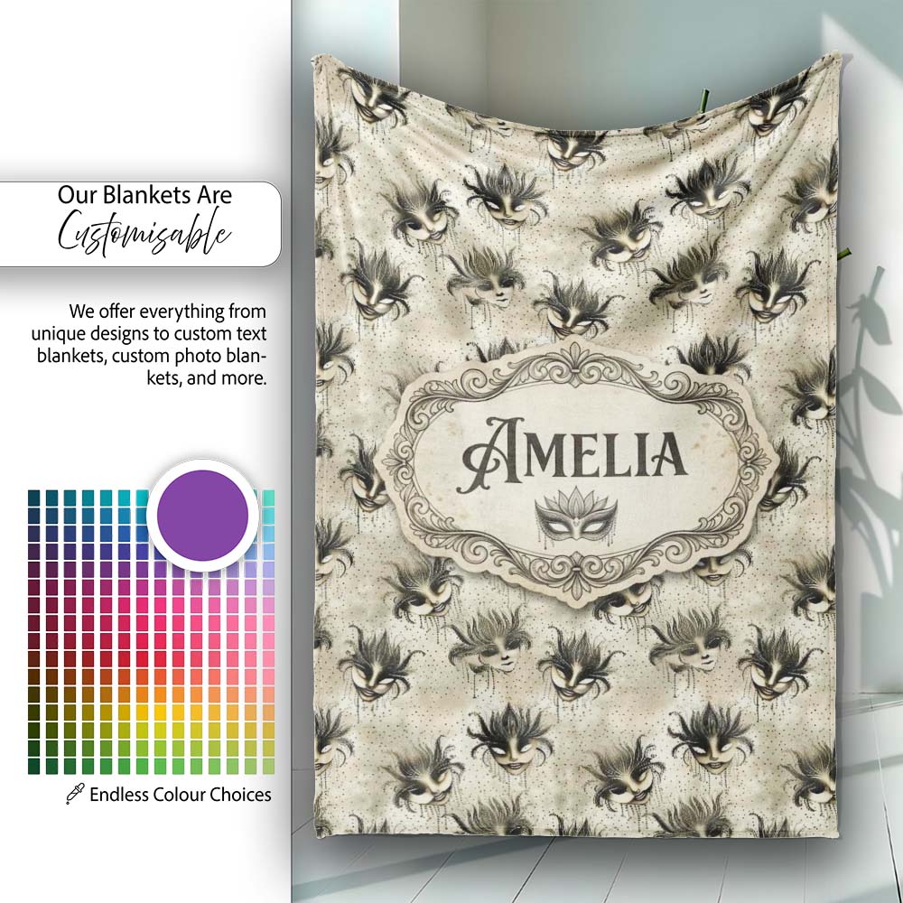 Vintage Sepia Toned Venetian Masks with Artistic Texture Seamless  Personalised Custom Name Super Soft Fleece Blanket Bed Sofa Throw