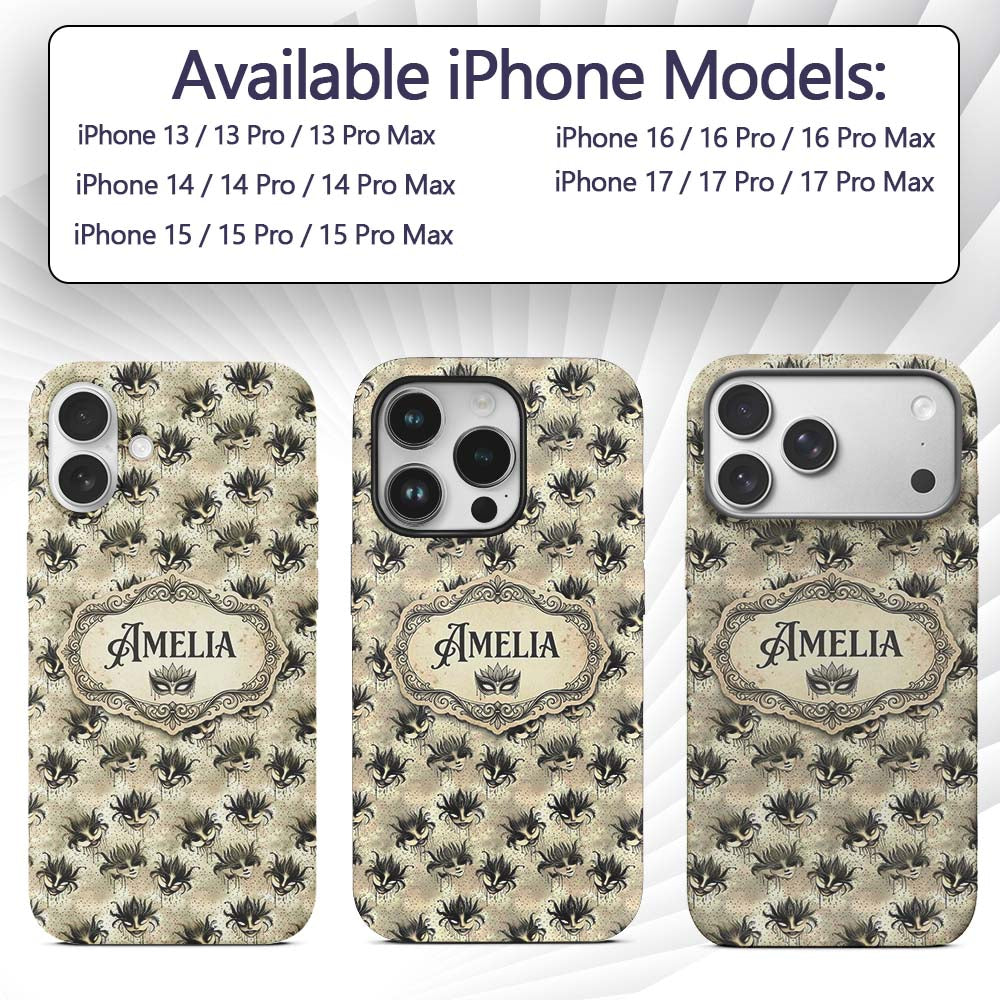 Vintage Sepia Toned Venetian Masks with Artistic Custom Name Protective Phone Case Mobile Cover Durable Everyday Smartphone Shock Resistant