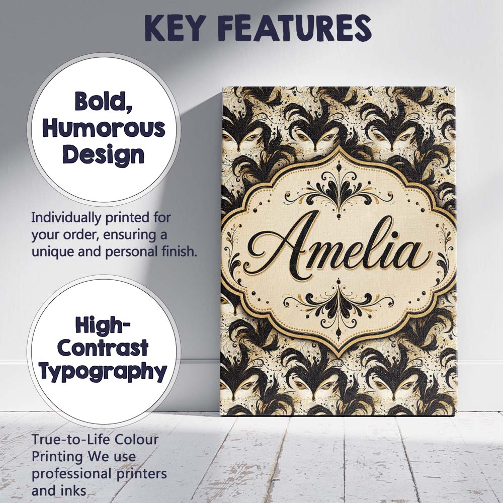 Personalised Name Ornate Black and Gold Custom  Modern Room Accent Elegant Feature Canvas Wall Art Print Decor Picture Ready to Hang