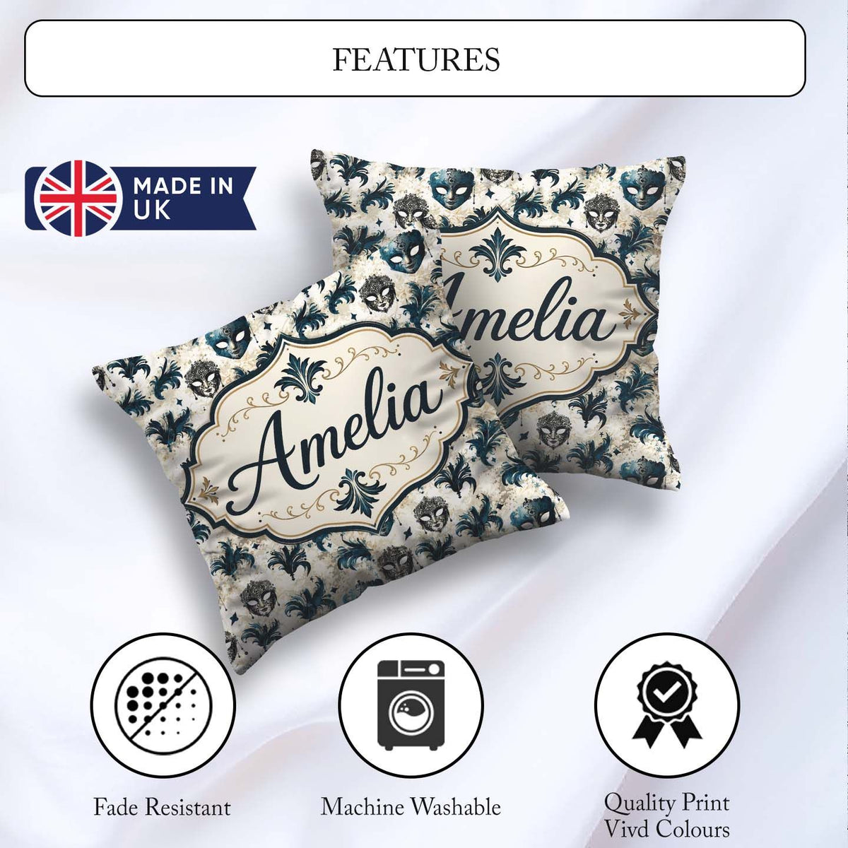 Custom Name Blue/Black Venetian Masks with Feathers Background Square Filled Cushion Throw Pillow Sofa Bed Home Decor Zip Washable UK Made