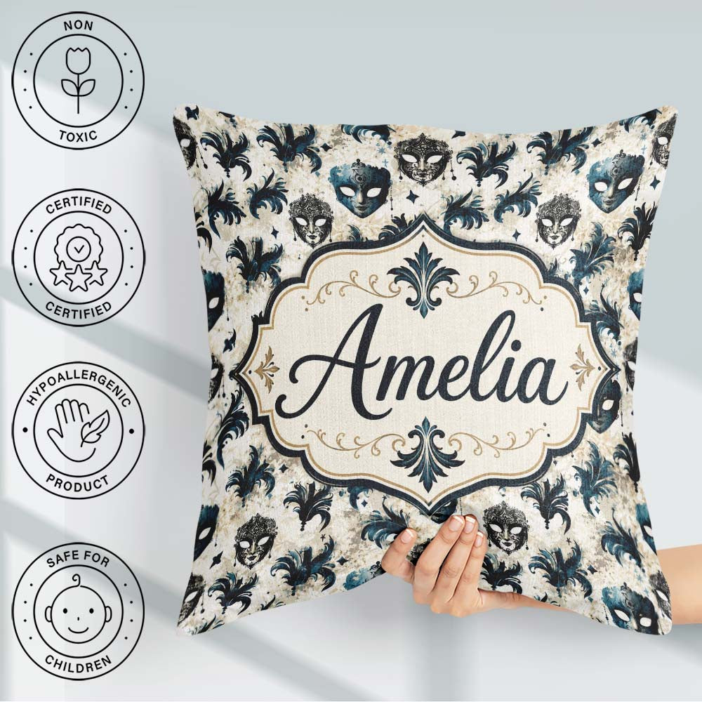 Custom Name Blue/Black Venetian Masks with Feathers Background Square Filled Cushion Throw Pillow Sofa Bed Home Decor Zip Washable UK Made