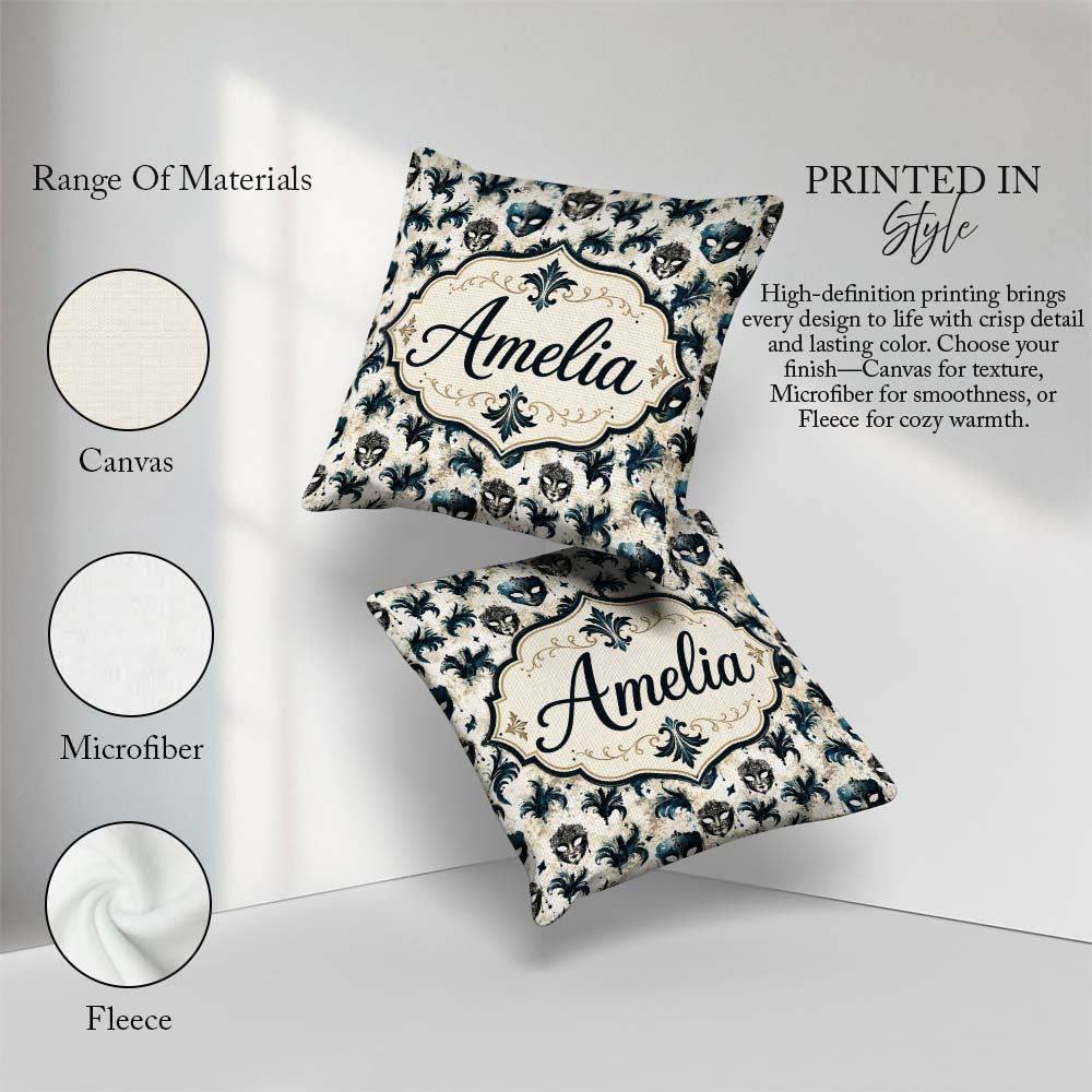 Custom Name Blue/Black Venetian Masks with Feathers Background Square Filled Cushion Throw Pillow Sofa Bed Home Decor Zip Washable UK Made