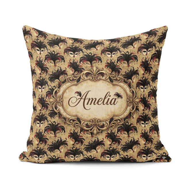 Custom Name Red and Black Feathered Masks on Background Seamless Square Filled Cushion Throw Pillow Sofa Bed Home Decor Zip Washable UK Made