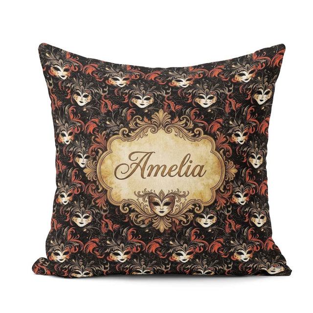 Custom Name Dark Elegant Masquerade Masks with Feathers on Black Square Filled Cushion Throw Pillow Sofa Bed Home Decor Zip Washable UK Made