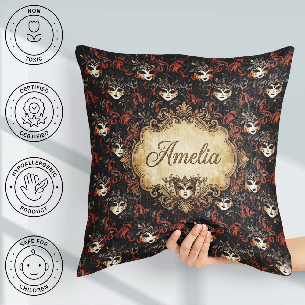 Custom Name Dark Elegant Masquerade Masks with Feathers on Black Square Filled Cushion Throw Pillow Sofa Bed Home Decor Zip Washable UK Made