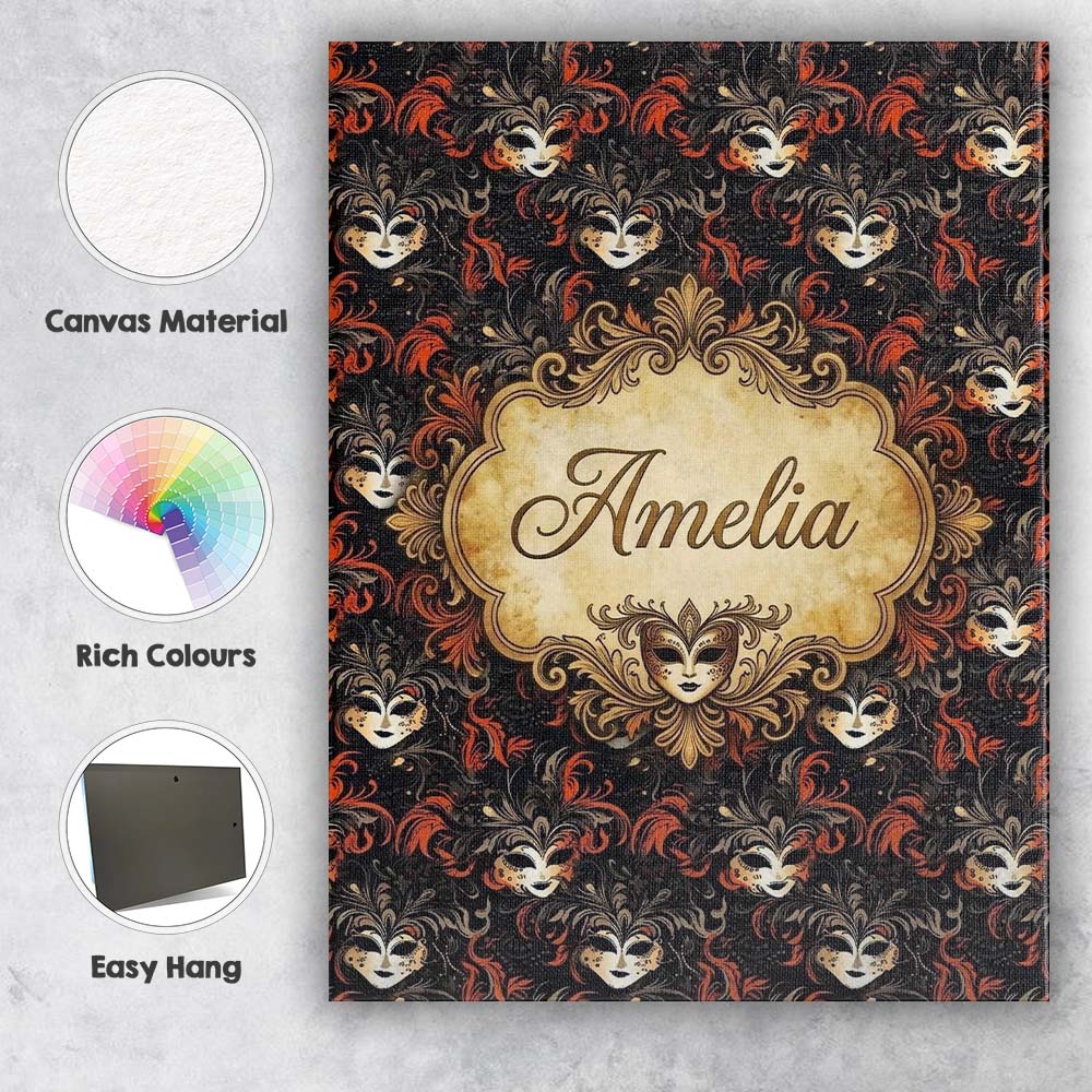 Personalised Name Dark Elegant Masquerade Custom  Bespoke Decorative Contemporary Canvas Wall Art Print Decor Picture Ready to Hang
