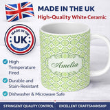 Personalized Custom Name Green Retro Geometric Tile Seamless Pattern Charming Kitchen Decor 11oz Ceramic Coffee Tea Mug White Large Handle