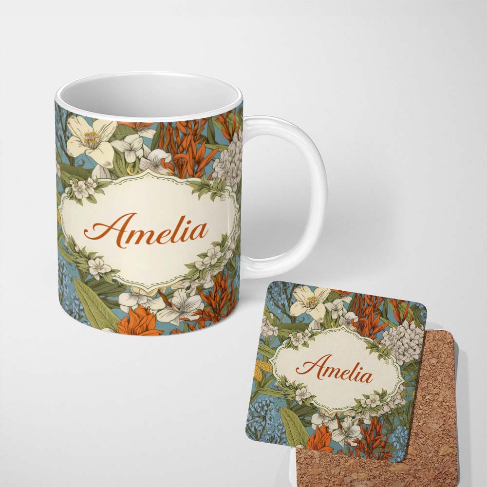 Personalized Custom Name Botanical Floral Illustration Blue Background Seamless Lovely 11oz Ceramic Coffee Tea Mug White Large Handle