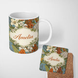 Personalized Custom Name Botanical Floral Illustration Blue Background Seamless Lovely 11oz Ceramic Coffee Tea Mug White Large Handle