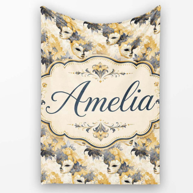 Soft Blue and Gold Floral Mask Design with Elegant Details Seamless  Personalised Custom Name Super Soft Fleece Blanket Bed Sofa Throw